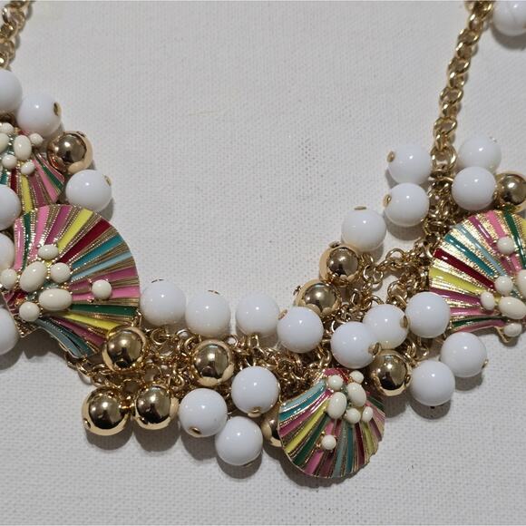TALBOT'S Multicolor SEASHELL Charm and‎ Beaded Gold Tone Statement Necklace - Picture 10 of 13